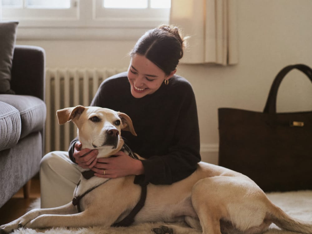 Owner hugging her dog at home